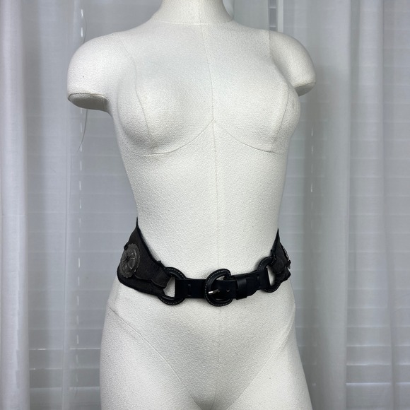 Unbranded Black Canvas Leather Wide Waist Belt Silver Concho Western Boho 29.5in - Picture 2 of 13